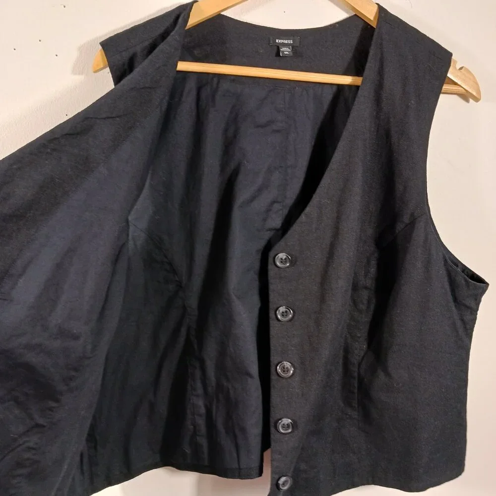 EXPRESS, 2X Black Linen Blend Button Up Vest, Classic Fit, Minimalist, Versatile - Picture 7 of 14